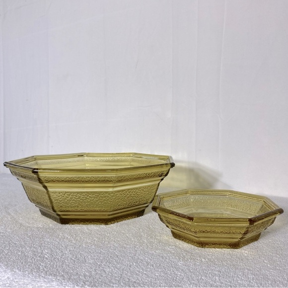 Vintage Anchor Hocking Textured Amber Glass Octagonal Chip & Dip Bowl Set - Picture 11 of 14